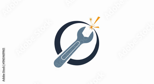A wrench with sparks flying from it, enclosed in a dark circle