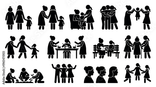 Multigenerational Family Women Pictogram Icon Set Showing Grandmother Mother Daughter Shared Activities and Intergenerational Bond