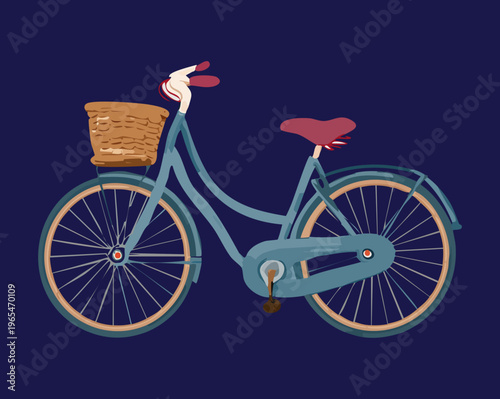 Blue commuter bicycle on dark background for night cycling safety and urban transportation branding featuring front basket and retro design elements