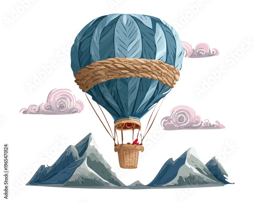 Hot air balloon over snowy mountain landscape for scenic winter aerial adventure and high altitude tourism travel in professional detailed vector art