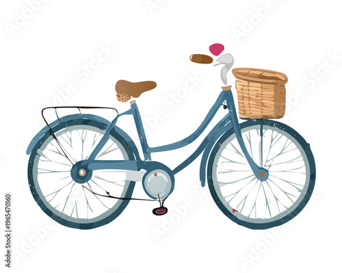 Blue city bike with wicker basket for sustainable urban mobility and outdoor lifestyle cycling featuring detailed frame and vintage aesthetic in vector style
