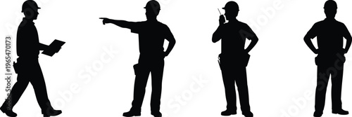 Construction worker silhouettes with clipboard pointing radio communication standing poses builder men vector illustration isolated professional labor set collection
