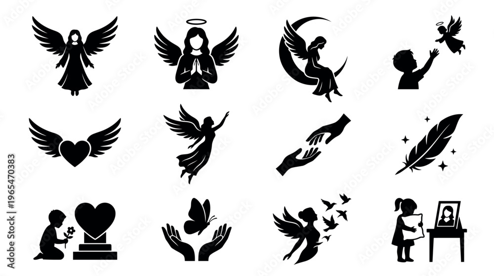 Fototapeta premium Angel Memorial Grief and Remembrance Silhouette Icon Set for Loss Bereavement Tribute and In Memory Design Projects