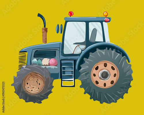 Heavy duty blue tractor on bright yellow background for agriculture farming and industrial field work icons featuring massive wheels and engine design