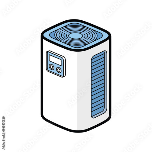 Isometric illustration of an air conditioning unit. It has a vent with lines, a digital display, and a top fan. The design features thick black outlines