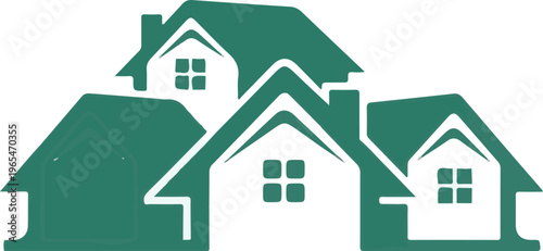 Green simplified residential houses with white windows and roofs