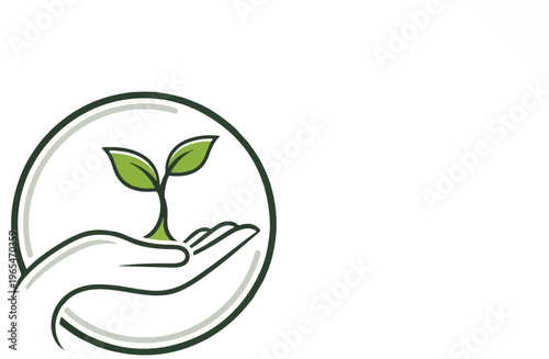 Hand cradles a tiny green plant seedling within a circular frame