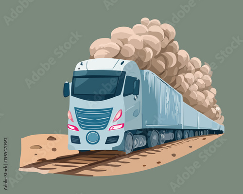 Commercial freight truck moving through dusty road for long haul logistics and heavy cargo transportation in professional scenic illustration style