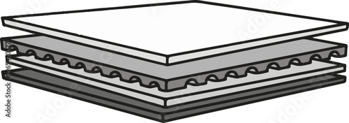 Layered material showing corrugated inner structure between flat sheets