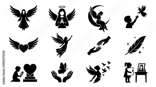 Angel Memorial Grief and Remembrance Silhouette Icon Set for Loss Bereavement Tribute and In Memory Design Projects