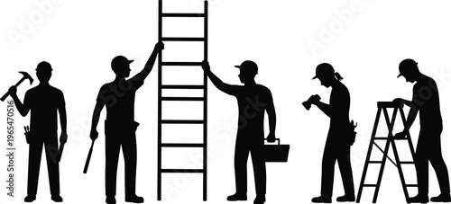 Construction worker silhouettes with ladder hammer tools standing working builder men vector illustration isolated professional labor activity set collection