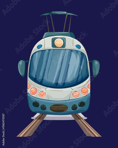 Modern urban tram vehicle on tracks for public transportation and city mass transit services featuring sleek blue and white aerodynamic design