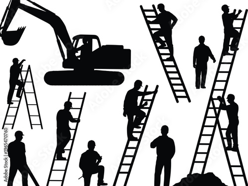 Construction worker silhouettes with ladders climbing working excavator builder men vector illustration isolated professional labor activity set collection