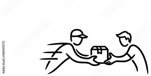 Stick figure delivery person handing a package to another person
