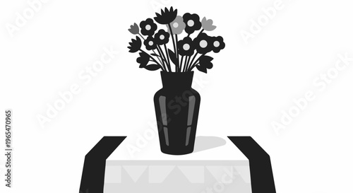 Stylized monochrome flowers in a glossy vase sit on a draped table
