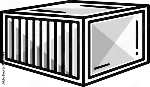 Stylized isometric industrial container with ribbed sides and geometric front