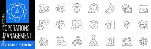Operations management icon set. Business process. Supply chain. Maintenance. Cost control. Improvement. Capacity planning. Logistics. Production. Editable stroke. Vector illustration