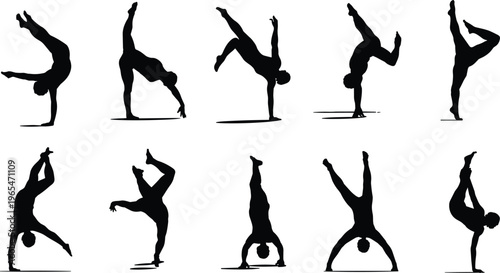 WebBlack silhouette of gymnasts performing handstands, acrobatic yoga poses, athletic man doing calisthenics, fitness workout icons, professional sport vector illustration.