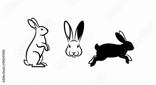 Three stylized rabbits one standing, one headshot, and one in motion