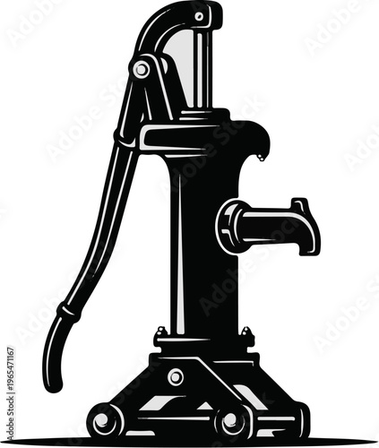 Vintage black cast iron hand water pump with a curved lever and spout