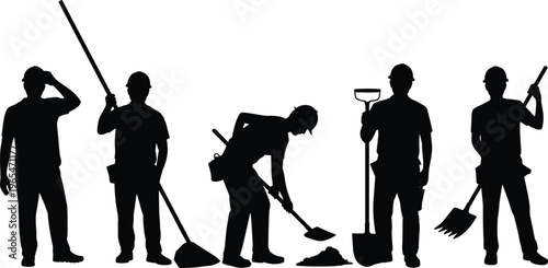 Construction worker silhouettes with shovel rake digging standing poses builder men vector illustration isolated professional labor activity set collection