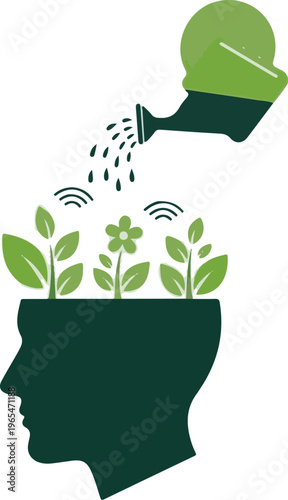 Watering can nurturing plants growing from a silhouette of a head