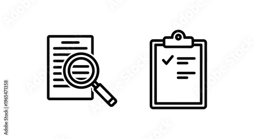 Content review and checklist icon set, magnifying glass over document and clipboard with checkmark, representing analysis and task completion, clean outline graphics