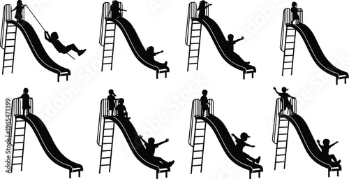 WebBlack silhouette set of children playing on playground slides, kids sliding and climbing, isolated vector illustration on white background, fun