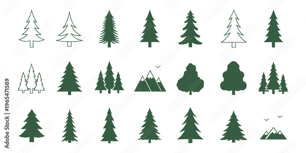 Obraz premium Set of green pine tree icons, coniferous forest trees, fir trees, and mountain silhouettes