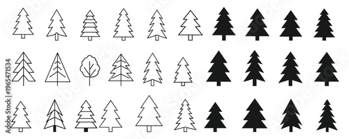 Set of various pine tree icons, coniferous forest symbols