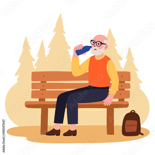 Elderly man drinking water while sitting on a bench in forest. Elderly set