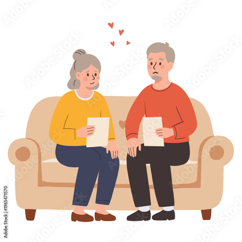 Elderly couple sitting on sofa and holding letters with love. Elderly set