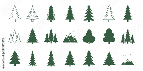 Set of green pine tree icons, coniferous forest trees, fir trees, and mountain silhouettes