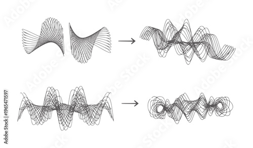 Four stages of evolving abstract wireframe shapes with arrows indicating progression
