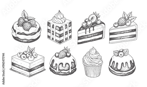 Hand drawn collection of various cakes and pastries with berries and cream pastry