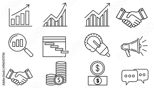 Set of business and finance line icons, including growth charts, handshake, marketing, and financial symbols
