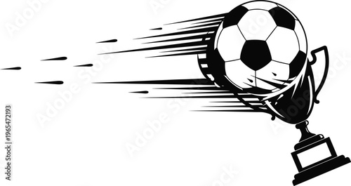 Soccer ball colliding with trophy vector illustration dynamic motion lines minimal black design football competition concept winning success symbol graphic