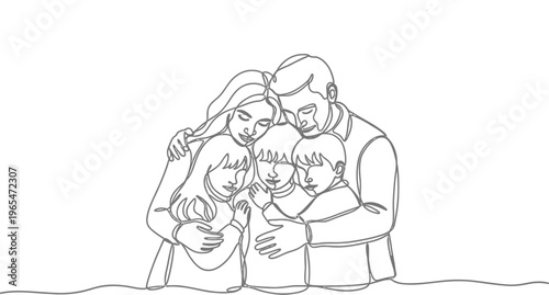 Continuous single line drawing depicting a loving family embracing closely together with deep affection and unity