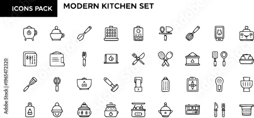 Modern Kitchen Line Art Icons Pack: Essential Cooking Utensils, Appliances, and Dinnerware for Home and Restaurant Design Projects.