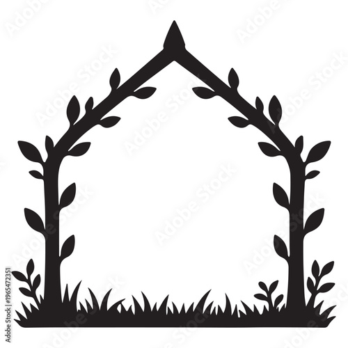 A black silhouette of a house frame with plants