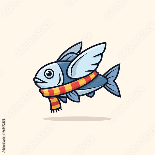 Cartoon illustration featuring a fish with wings and a scarf, set against a solid off-white background. The fish floats slightly above the bottom
