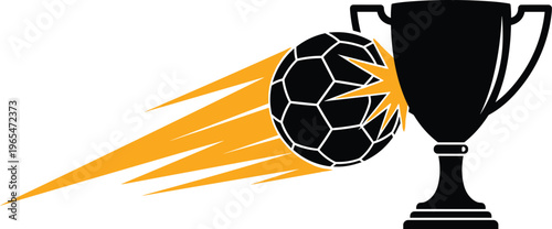 Dynamic soccer ball striking trophy symbolizing victory competition sports achievement energy motion championship success goal scoring action concept design illustration