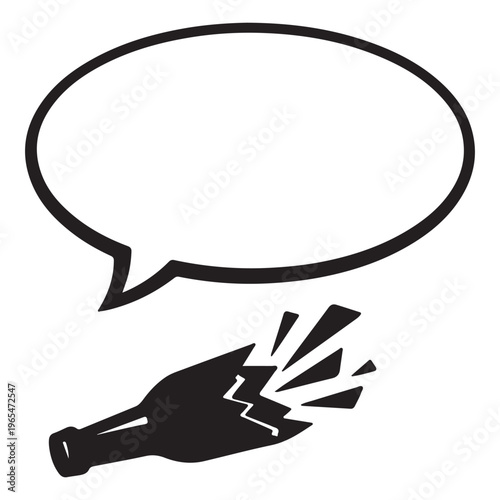 A black and white image of a broken bottle and a speech bubble