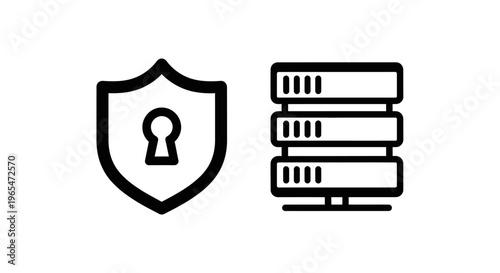 Icons for security shield with keyhole and server rack, representing data protection and it infrastructure, information technology, storage device