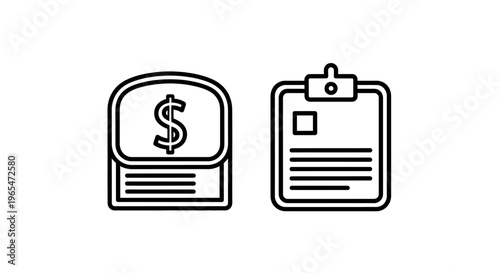 Financial icons: money coin with dollar sign and clipboard with document for budgeting and payment records in business