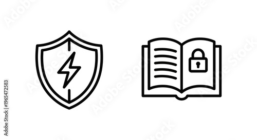 Security icons: incident response shield with lightning bolt and security playbook open book with lock for cyber defense and strategy