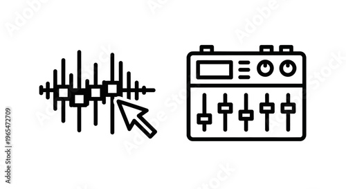 Audio mixer and sound waveform icons: equalizer and control console for music production and djing with audio engineer with sound designer with audio equipment with audio editing with audio technology