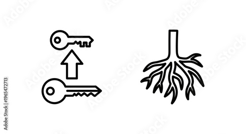 Cybersecurity icons: privilege escalation key swap and root access network tree, representing hacking and system security concepts