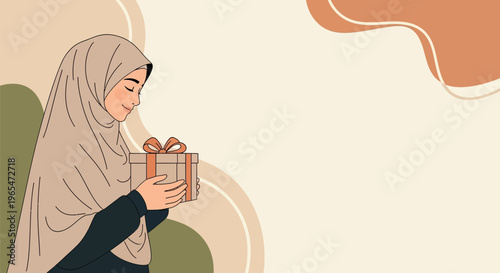Muslim Woman in Hijab Holding Gift Box Flat Illustration for Mother's Day Eid or Seasonal Celebration Greeting Design