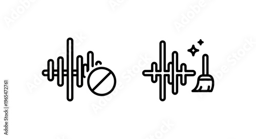 Audio cleanup and noise reduction icons: sound waveform with prohibition sign and broom symbolizing audio editing and restoration with post production